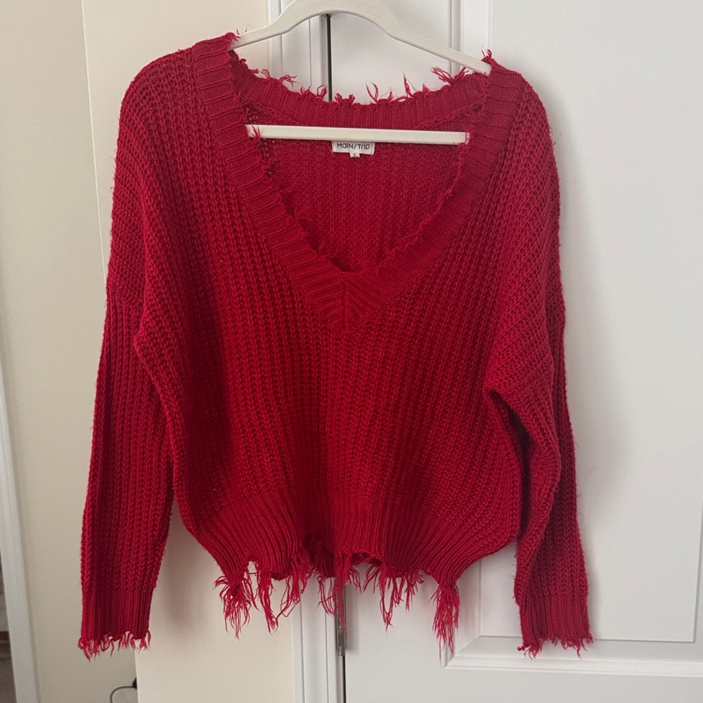 Main Strip Red Distressed V-Neck Sweater